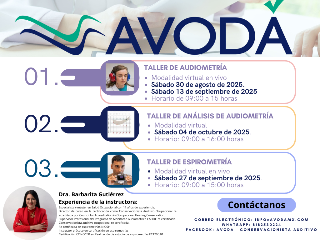 Promotional image for AVODÁ workshops featuring virtual audiometry, audiometry analysis, and spirometry courses with dates and instructor information.